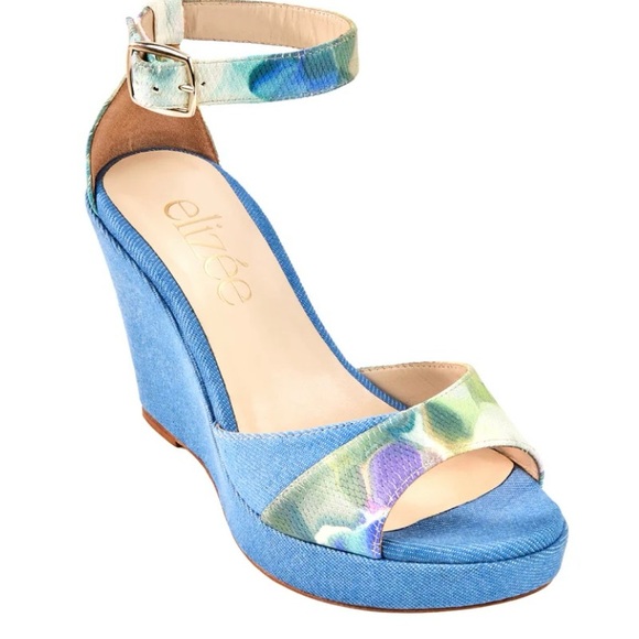 Floral Denim Leather Platform Heels by Elizee - Picture 2 of 9